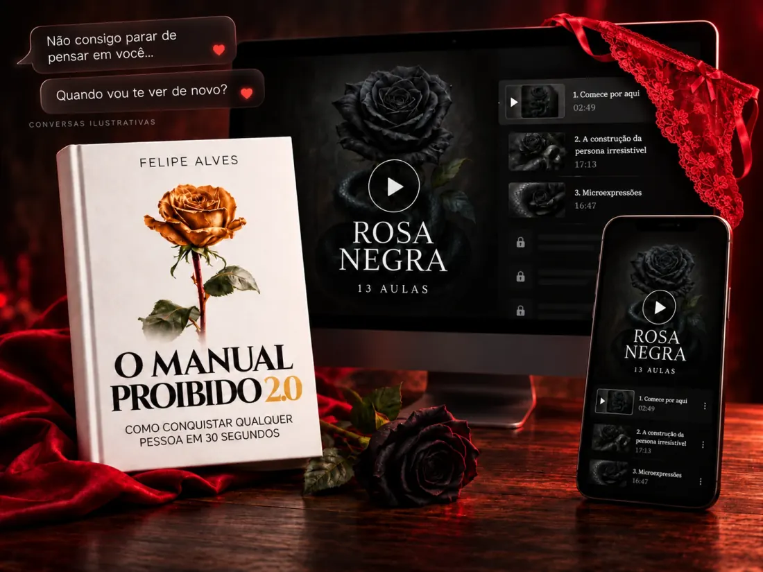 Manual Proibido 2.0 e Rosa Negra no computador e celular, com renda e balões de conversa ilustrativos.